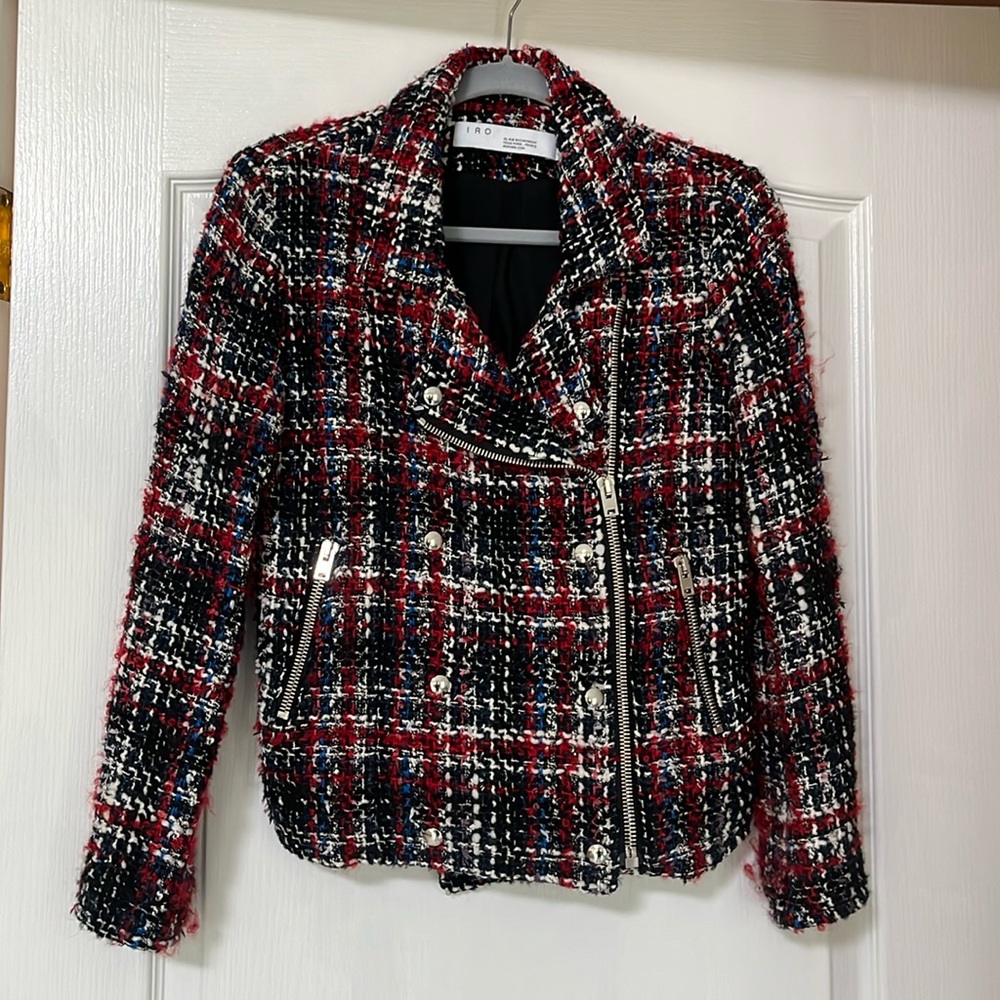 Iro Sloane Tweed Moto jacket in plaid